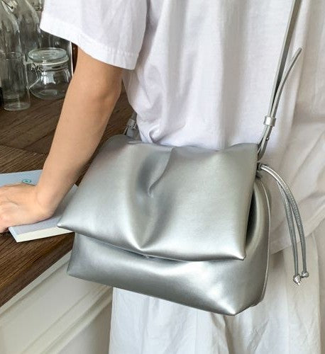 Slouchy Fold-Over Crossbody Shoulder Bag with Side Drawstrings for Women
