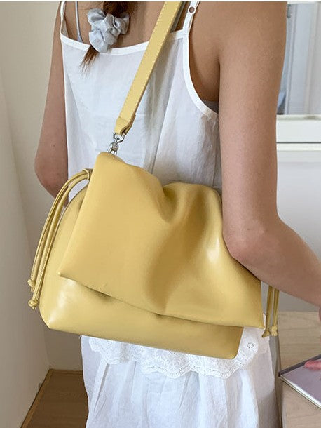 Slouchy Fold-Over Crossbody Shoulder Bag with Side Drawstrings for Women